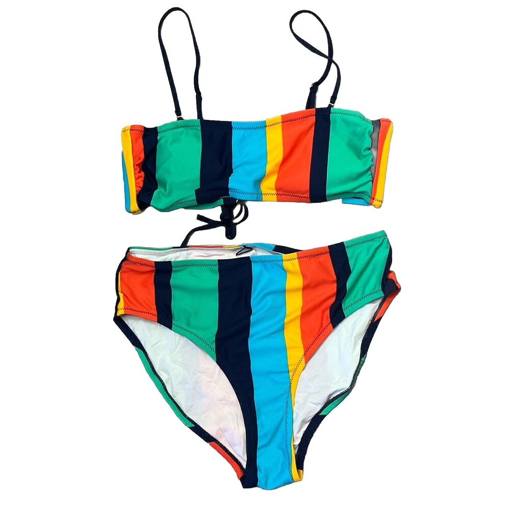Sperry High Waist Bandeau Bikini 2 Piece XL Coastal Preppy Striped Lace Up Back